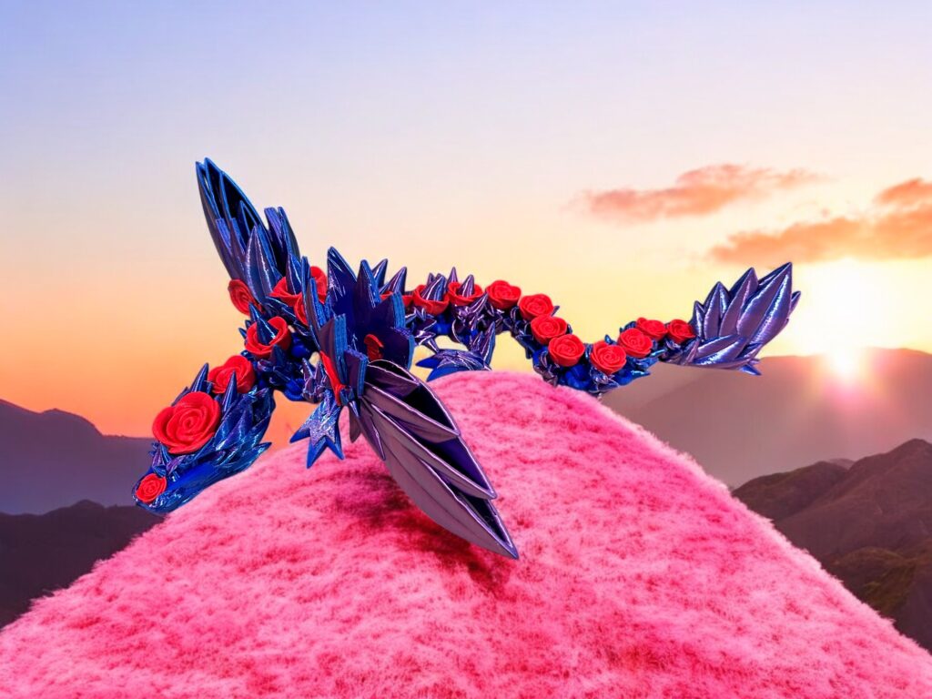 Crystal Rose Dragon - Blue Magenta with Red Rose