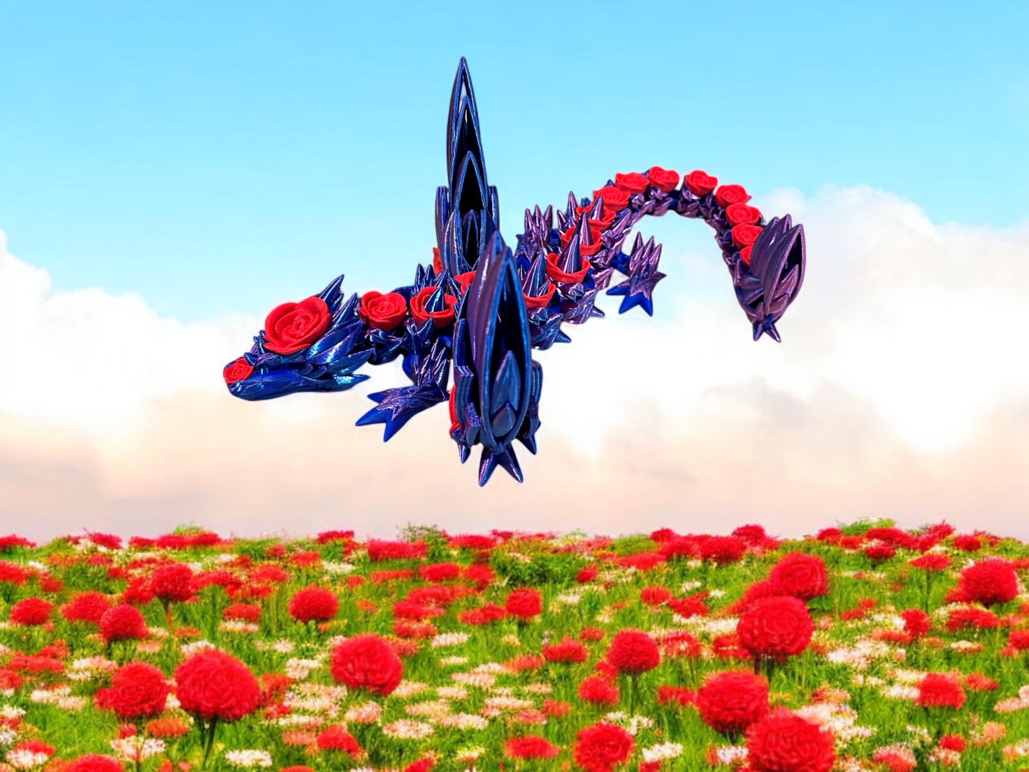 Crystal Rose Dragon - Blue Magenta with Red Rose